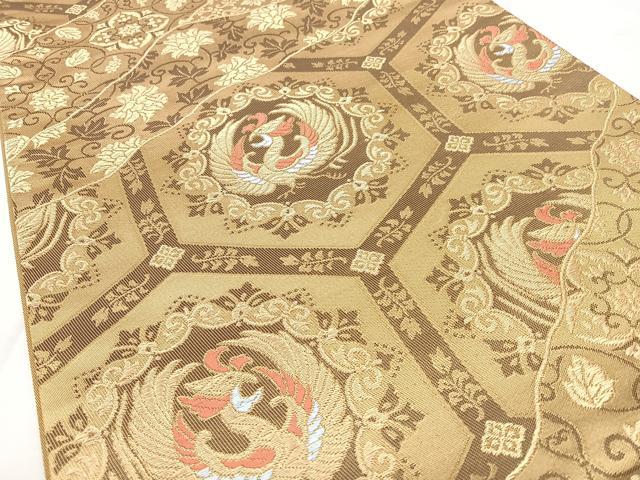 平和屋着物◎六通柄袋帯　亀甲花鳥文　金糸　正絹　逸品　BAAY5047qw