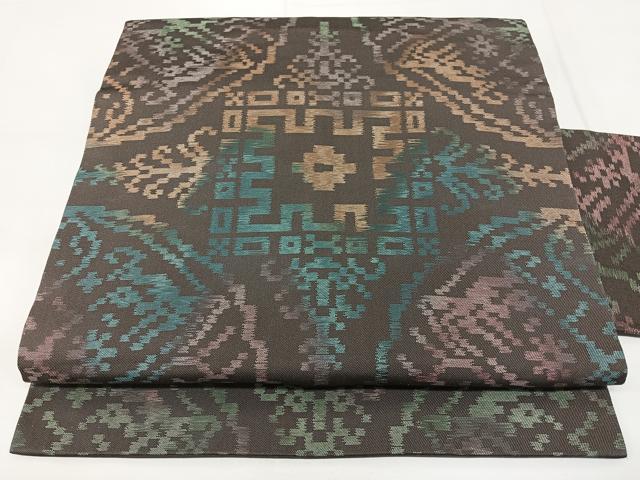 平和屋着物◎九寸名古屋帯　幾何学花文　正絹　逸品　BAAY5049qw