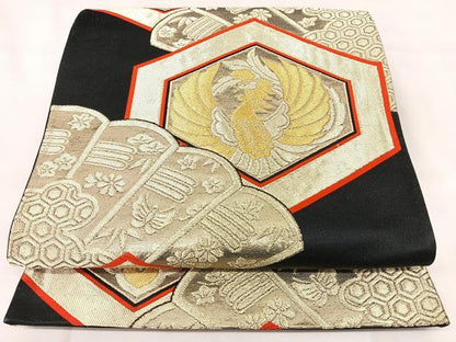 平和屋着物◎六通柄袋帯　檜扇亀甲花鳥文　黒地　金糸　正絹　逸品　BAAY5054qw