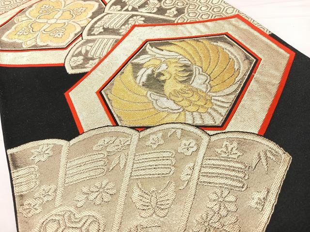 平和屋着物◎六通柄袋帯　檜扇亀甲花鳥文　黒地　金糸　正絹　逸品　BAAY5054qw