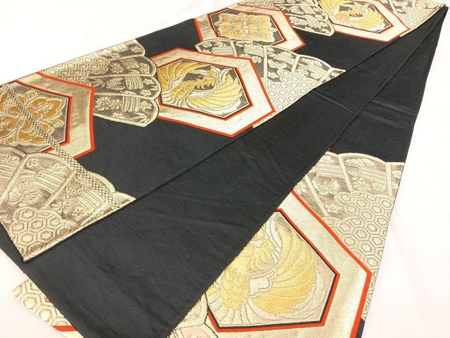 平和屋着物◎六通柄袋帯　檜扇亀甲花鳥文　黒地　金糸　正絹　逸品　BAAY5054qw