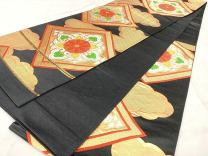 平和屋着物◎六通柄袋帯　唐織　花菱文　黒地　金銀糸　正絹　逸品　BAAY5058qw