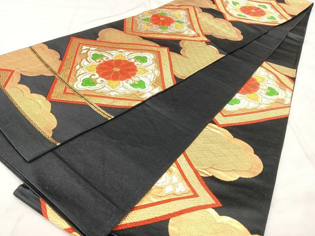 平和屋着物◎六通柄袋帯　唐織　花菱文　黒地　金銀糸　正絹　逸品　BAAY5058qw