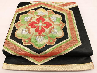 平和屋着物◎六通柄袋帯　亀甲花文　黒地　金銀糸　正絹　逸品　BAAY5060qw