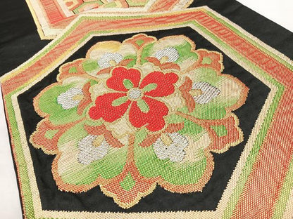 平和屋着物◎六通柄袋帯　亀甲花文　黒地　金銀糸　正絹　逸品　BAAY5060qw