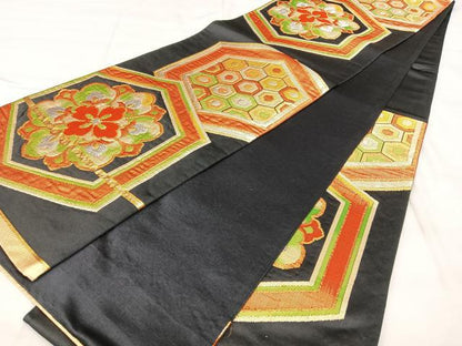 平和屋着物◎六通柄袋帯　亀甲花文　黒地　金銀糸　正絹　逸品　BAAY5060qw