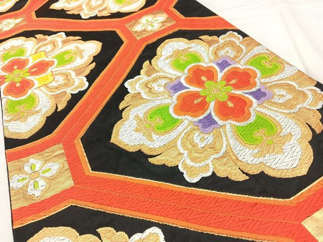 平和屋着物◎六通柄袋帯　唐織　蜀江花文　黒地　金銀糸　正絹　逸品　BAAY5062qw