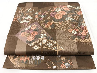 平和屋着物◎六通柄袋帯　唐織　草花文　正絹　逸品　BAAY5076qw