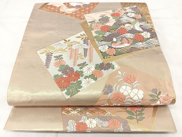 平和屋着物◎六通柄袋帯　唐織　色紙重ね花蝶文　金糸　正絹　逸品　BAAY5083qw