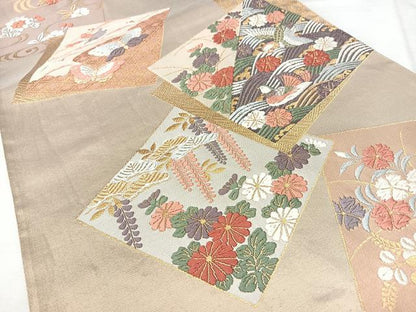 平和屋着物◎六通柄袋帯　唐織　色紙重ね花蝶文　金糸　正絹　逸品　BAAY5083qw