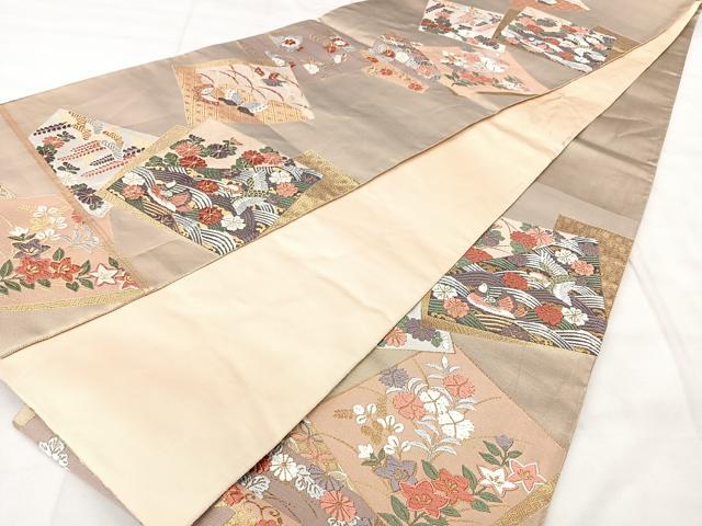 平和屋着物◎六通柄袋帯　唐織　色紙重ね花蝶文　金糸　正絹　逸品　BAAY5083qw