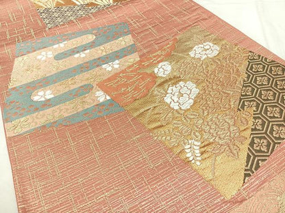 平和屋着物◎六通柄袋帯　色紙花文　金糸　正絹　逸品　BAAY5084qw