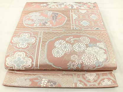 平和屋着物◎西陣　六通柄袋帯　唐織　天井花鳥文　銀糸　正絹　逸品　BAAY5086qw