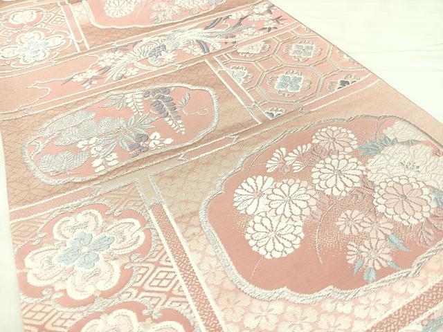 平和屋着物◎西陣　六通柄袋帯　唐織　天井花鳥文　銀糸　正絹　逸品　BAAY5086qw