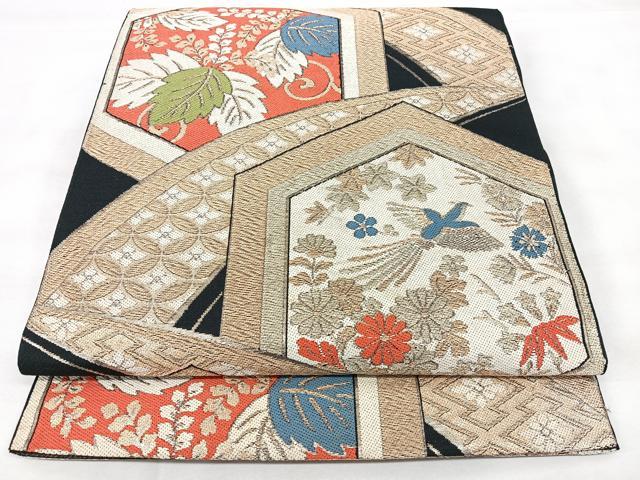 平和屋着物◎六通柄　本袋帯　亀甲花鳥文　黒地　金糸　正絹　逸品　BAAY5090qw