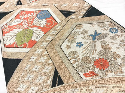 平和屋着物◎六通柄　本袋帯　亀甲花鳥文　黒地　金糸　正絹　逸品　BAAY5090qw