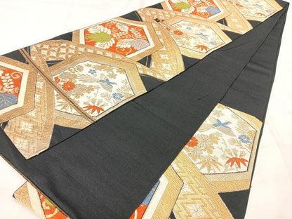 平和屋着物◎六通柄　本袋帯　亀甲花鳥文　黒地　金糸　正絹　逸品　BAAY5090qw