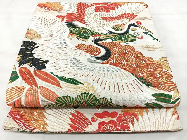 平和屋着物◎アンティーク　大正ロマン　丸帯　飛鶴松文　金糸　正絹　逸品　BAAY5098qw