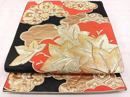 平和屋着物◎六通柄袋帯　舞葉文　黒地　金糸　正絹　逸品　BAAY5102qw