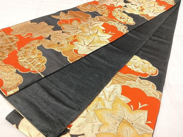 平和屋着物◎六通柄袋帯　舞葉文　黒地　金糸　正絹　逸品　BAAY5102qw