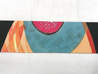 平和屋着物◎塩瀬　九寸名古屋帯　幾何学文様　黒地　金彩　正絹　逸品　BAAY5106qw