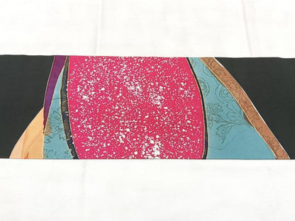 平和屋着物◎塩瀬　九寸名古屋帯　幾何学文様　黒地　金彩　正絹　逸品　BAAY5106qw