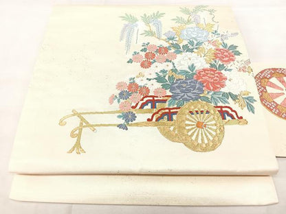 平和屋着物◎九寸名古屋帯　唐織　花車文　金銀糸　引箔　正絹　逸品　BAAY5111qw