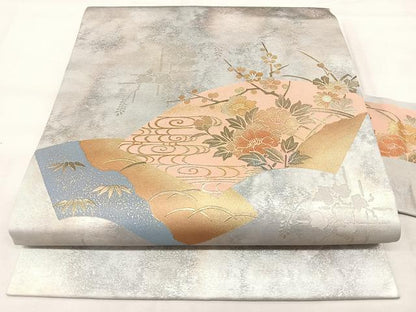 平和屋着物◎九寸名古屋帯　色紙花文　金銀糸　引箔　正絹　逸品　BAAY5113qw