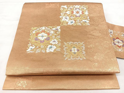 平和屋着物◎九寸名古屋帯　色紙花文　金銀糸　引箔　正絹　逸品　BAAY5114qw