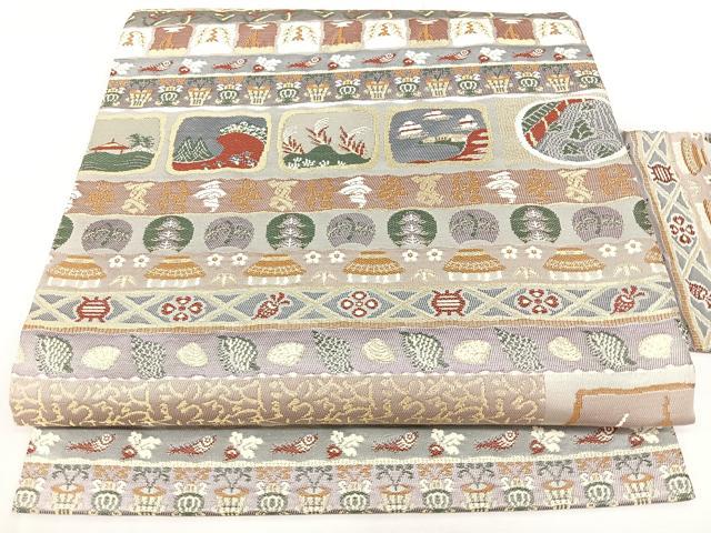 平和屋着物◎九寸名古屋帯　横段風景文　金糸　正絹　逸品　BAAY5115qw