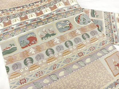 平和屋着物◎九寸名古屋帯　横段風景文　金糸　正絹　逸品　BAAY5115qw