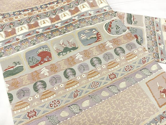 平和屋着物◎九寸名古屋帯　横段風景文　金糸　正絹　逸品　BAAY5115qw