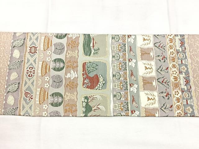 平和屋着物◎九寸名古屋帯　横段風景文　金糸　正絹　逸品　BAAY5115qw