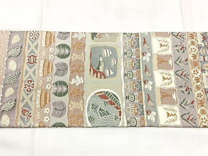平和屋着物◎九寸名古屋帯　横段風景文　金糸　正絹　逸品　BAAY5115qw