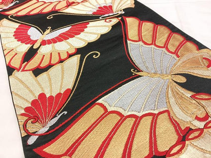 平和屋着物◎六通柄袋帯　舞蝶文　黒地　金銀糸　正絹　逸品　BAAY5116qw