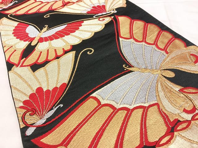 平和屋着物◎六通柄袋帯　舞蝶文　黒地　金銀糸　正絹　逸品　BAAY5116qw