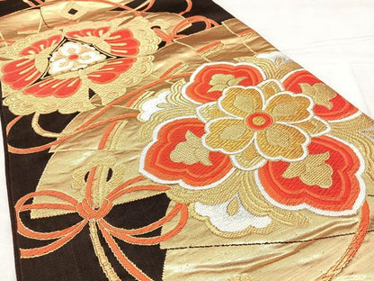 平和屋着物◎六通柄袋帯　唐織　檜扇花文　金糸　正絹　逸品　BAAY5118qw