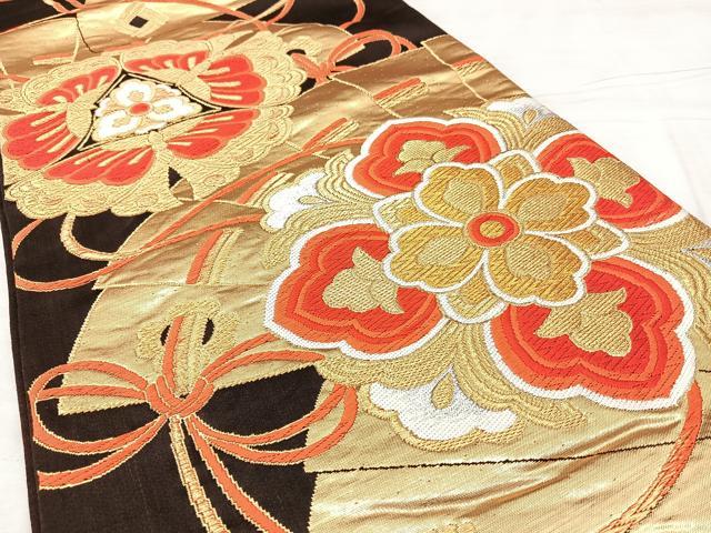 平和屋着物◎六通柄袋帯　唐織　檜扇花文　金糸　正絹　逸品　BAAY5118qw