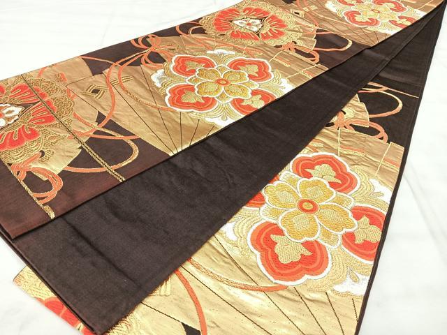 平和屋着物◎六通柄袋帯　唐織　檜扇花文　金糸　正絹　逸品　BAAY5118qw