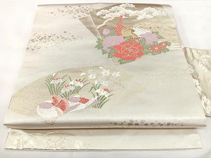 平和屋着物◎九寸名古屋帯　色紙花鳥文　金銀糸　正絹　逸品　BAAY5136qw