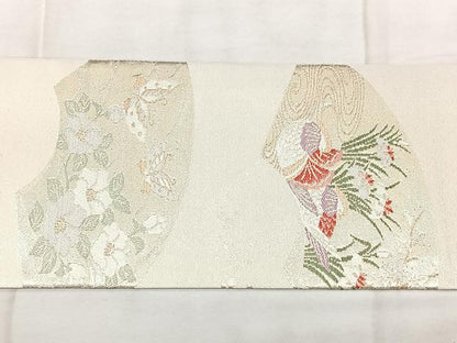 平和屋着物◎九寸名古屋帯　色紙花鳥文　金銀糸　正絹　逸品　BAAY5136qw