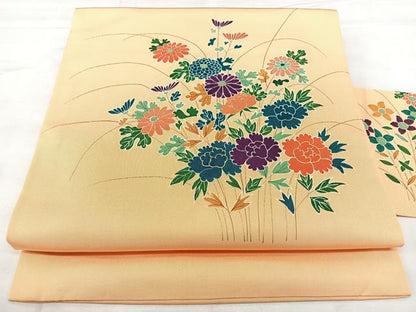 平和屋着物◎塩瀬　九寸名古屋帯　草花文　金彩　正絹　逸品　BAAY5137qw