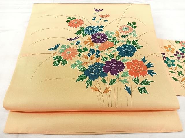 平和屋着物◎塩瀬　九寸名古屋帯　草花文　金彩　正絹　逸品　BAAY5137qw