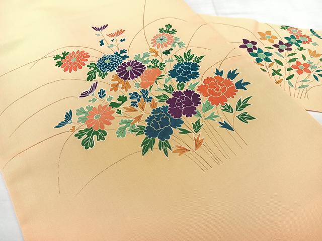 平和屋着物◎塩瀬　九寸名古屋帯　草花文　金彩　正絹　逸品　BAAY5137qw