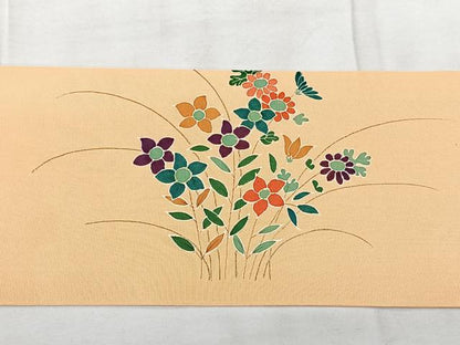 平和屋着物◎塩瀬　九寸名古屋帯　草花文　金彩　正絹　逸品　BAAY5137qw