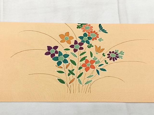 平和屋着物◎塩瀬　九寸名古屋帯　草花文　金彩　正絹　逸品　BAAY5137qw