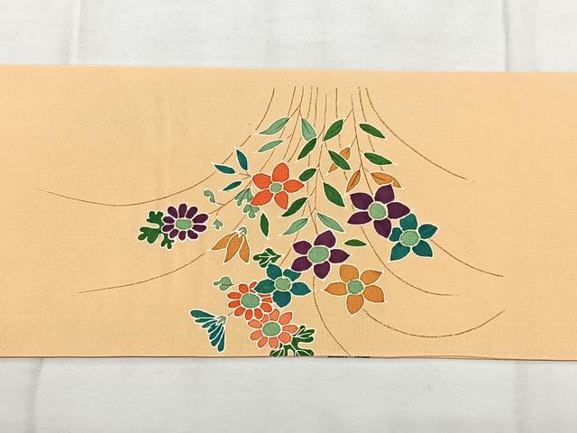 平和屋着物◎塩瀬　九寸名古屋帯　草花文　金彩　正絹　逸品　BAAY5137qw