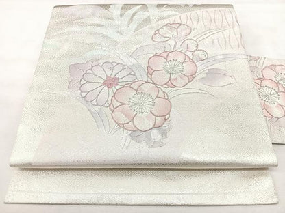平和屋着物◎全通柄　九寸名古屋帯　相良刺繍　草花文　銀糸　正絹　逸品　BAAY5138qw