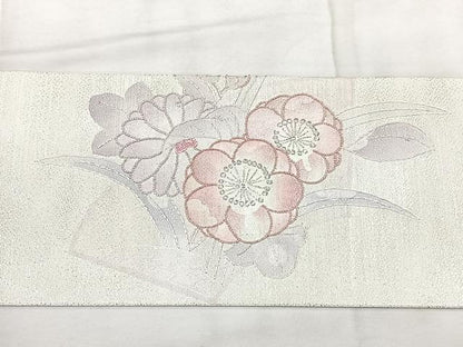 平和屋着物◎全通柄　九寸名古屋帯　相良刺繍　草花文　銀糸　正絹　逸品　BAAY5138qw