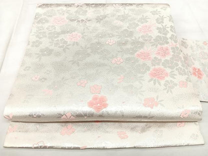 平和屋着物◎九寸名古屋帯　唐織　草花文　銀糸　正絹　逸品　BAAY5142qw